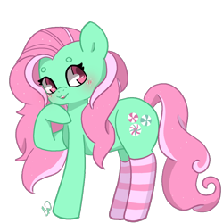 Size: 800x800 | Tagged: safe, artist:twilightmew16, imported from derpibooru, minty, earth pony, pony, blushing, clothes, female, full body, hooves, shading, signature, simple background, socks, solo, standing, striped socks, tail, transparent background, two toned mane, two toned tail