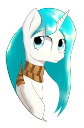 Size: 1920x2910 | Tagged: safe, artist:3naa, imported from derpibooru, oc, oc only, pony, unicorn, bust, clothes, female, horn, scarf, simple background, solo, unicorn oc, white background