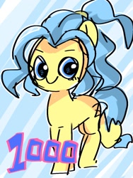 Size: 768x1024 | Tagged: safe, artist:pnpn_721, imported from derpibooru, oc, oc only, earth pony, pony, 1000, 1000 followers, abstract background, blue mane, female, followers, looking at you, mare, smiling, smiling at you, solo, z