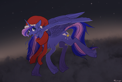 Size: 3500x2347 | Tagged: safe, artist:rover, artist:rrrover, imported from derpibooru, oc, alicorn, pony, christmas, cloud, dark, hat, holiday, night, santa hat, sky, solo