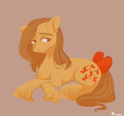 Size: 1285x1200 | Tagged: safe, artist:rover, artist:rrrover, imported from derpibooru, butterscotch (g1), earth pony, pony, brown background, g1, looking at you, lying down, prone, signature, simple background, smiling, smiling at you, solo, vintage