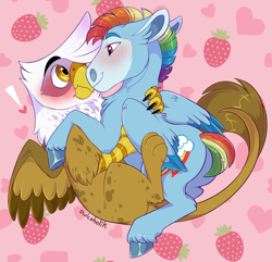 Size: 1500x1448 | Tagged: safe, artist:owlcoholik, imported from derpibooru, gilda, rainbow dash, griffon, pegasus, pony, backwards cutie mark, butt, gay, gildash, guilder, male, plot, rainbow blitz, rule 63, shipping, stallion