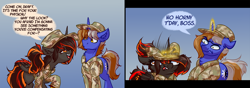 Size: 5000x1750 | Tagged: safe, artist:witchtaunter, imported from derpibooru, oc, oc:axtus, bat pony, pony, unicorn, angry, bat pony oc, bat wings, bonk, camouflage, chest fluff, clothes, comic, commission, confused, derp, ear fluff, faic, female, flirting, hat, horny jail, magic, male, military uniform, nightstick, no horny, speech bubble, telekinesis, uniform, wings