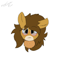 Size: 1500x1500 | Tagged: safe, artist:solder point, imported from derpibooru, oc, oc only, oc:pencil test, earth pony, pony, blushing, burger, bust, colored, cute, digital art, earth pony oc, eating, floppy ears, fluffy mane, food, freckles, glasses, happy, signature, simple background, solo, transparent background