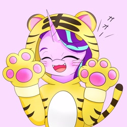 Size: 2048x2048 | Tagged: safe, artist:zeon_starlight, imported from derpibooru, starlight glimmer, pony, unicorn, animal costume, clothes, costume, cute, eyes closed, female, glimmerbetes, japanese, kigurumi, mare, open mouth, open smile, paw gloves, paw pads, paws, pink background, simple background, smiling, solo, tail, whiskers, year of the tiger