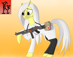 Size: 1700x1350 | Tagged: safe, artist:kirov, imported from derpibooru, oc, earth pony, pony, fanfic art, golden eyes, gun, solo, weapon, white hair, wolfenstein, yellow fur