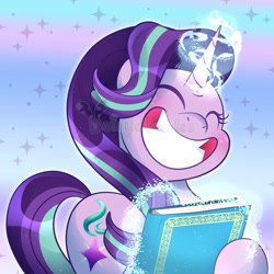 Size: 1200x1200 | Tagged: safe, artist:daisydewdles, imported from derpibooru, starlight glimmer, pony, unicorn, memnagerie, spoiler:memnagerie, ^^, big grin, book, cute, eyes closed, female, glimmerbetes, glowing, glowing horn, grin, happy, horn, magic, magic aura, mare, scene interpretation, smiling, solo, sparkles, telekinesis, watermark, wide smile