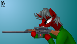 Size: 3500x2000 | Tagged: safe, artist:kirov, imported from derpibooru, oc, pony, unicorn, angry, blue background, gradient background, gray eyes, green coat, grey hair, gun, red fur, simple background, solo, weapon, wolfenstein