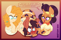Size: 4600x3000 | Tagged: safe, artist:snakeythingy, imported from derpibooru, pear butter, saffron masala, oc, oc:sketchy dupe, lamia, original species, snake, snake pony, blushing, coiling, coils, gradient background, lamiafied, species swap