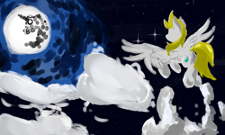 Size: 1667x1000 | Tagged: safe, artist:igorbanette, imported from derpibooru, oc, oc:thorn darkness, pegasus, pony, cloud, mare in the moon, moon, night, not derpy, solo, stars