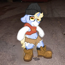 Size: 1116x1110 | Tagged: safe, artist:nootaz, imported from derpibooru, oc, oc:gremlin noot, pony, unicorn, beanie, bipedal, boots, clothes, hat, irl, pants, photo, shoes