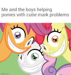 Size: 500x523 | Tagged: artist needed, safe, imported from derpibooru, apple bloom, scootaloo, sweetie belle, cheshire grin, cheshire smile, creepy, creepy smile, cutie mark crusaders, me and the boys, meme, nightmare fuel, smiling