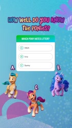 Size: 750x1334 | Tagged: safe, imported from derpibooru, hitch trailblazer, izzy moonbow, sunny starscout, earth pony, pony, unicorn, 2d, 3d, g5, instagram, instagram story, looking back, my little pony: a new generation, official, prancing, question, quiz, raised hoof, simple background, smiling, stock vector
