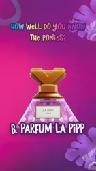 Size: 750x1334 | Tagged: safe, imported from derpibooru, 2d, 3d, g5, instagram, instagram story, la pipp zephyr, my little pony: a new generation, official, parfum la pipp, perfume, purple background, quiz, simple background, social media