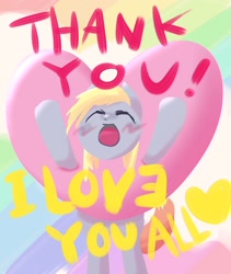 Size: 1728x2048 | Tagged: safe, artist:_grouch_, imported from derpibooru, derpy hooves, pegasus, pony, blushing, female, heart, i love you, mare, rainbow background, solo, thank you