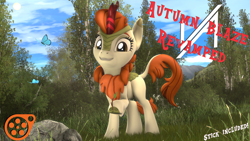 Size: 3840x2160 | Tagged: safe, artist:donglysfm, imported from derpibooru, autumn blaze, butterfly, kirin, 3d, autumn blaze's puppet, female, forest, high res, nature, poster, revamped ponies, solo, source filmmaker, source filmmaker resource, stick