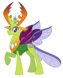 Size: 1600x1983 | Tagged: safe, artist:aleximusprime, imported from derpibooru, thorax, changedling, changeling, flurry heart's story, crown, future, height difference, jewelry, king thorax, looking at you, male, older, older thorax, pony eyes, raised hoof, regalia, simple background, smiling, solo, spread wings, transparent background, wings