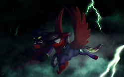 Size: 1920x1191 | Tagged: safe, artist:hagalazka, imported from derpibooru, oc, oc:markerlight, oc:rum rush, pegasus, pony, fallout equestria, fallout equestria: dead tree, clothes, costume, eyepatch, family, goggles, half bat pony, lightning, magic, male, shadowbolts, shadowbolts costume, stallion, storm, uniform