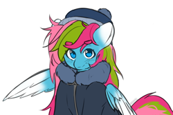 Size: 3000x2000 | Tagged: safe, artist:nelu, artist:osukel, imported from derpibooru, oc, oc only, oc:media smile, pegasus, pony, blushing, clothes, collaboration, eyebrows, looking at you, outfit, pegasus oc, simple background, sketch, solo, white background, winter clothes, winter outfit