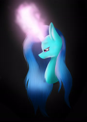 Size: 1982x2763 | Tagged: safe, artist:maneblue, imported from derpibooru, oc, oc only, pony, unicorn, black background, bust, glowing, glowing horn, horn, simple background, solo, unicorn oc