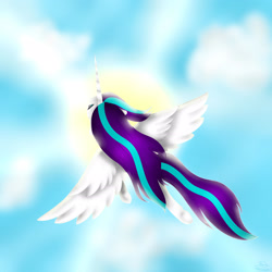 Size: 2449x2449 | Tagged: safe, artist:maneblue, imported from derpibooru, oc, oc only, alicorn, pony, alicorn oc, female, flying, horn, mare, outdoors, solo, wings