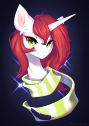 Size: 1923x2720 | Tagged: safe, artist:vincher, imported from derpibooru, oc, oc only, pony, unicorn, clothes, disembodied head, feather, green eyes, high res, horn, long horn, looking at you, scarf, signature, smiling, smiling at you, solo