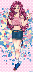 Size: 462x1000 | Tagged: safe, artist:akaruiyoso, imported from derpibooru, pinkie pie, human, blushing, bracelet, clothes, denim shorts, female, humanized, jewelry, one eye closed, shorts, socks, solo, wink