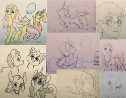 Size: 1787x1396 | Tagged: safe, artist:razledazle, imported from derpibooru, oc, oc only, alicorn, human, pony, balloon, bust, glasses, lineart, looking up, sketch, sketch dump, traditional art