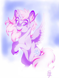 Size: 1017x1353 | Tagged: safe, artist:razledazle, imported from derpibooru, oc, oc only, alicorn, pony, alicorn oc, eyelashes, female, horn, mare, signature, smiling, wings