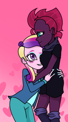 Size: 1080x1920 | Tagged: safe, artist:sallyso, imported from derpibooru, princess cadance, tempest shadow, equestria girls, boots, clothes, coat, duo, equestria girls-ified, eyeshadow, female, grin, hug, lesbian, looking at each other, looking at someone, makeup, nail polish, pants, scarf, shipping, shirt, shoes, skirt, smiling, socks, t-shirt, tempestdance