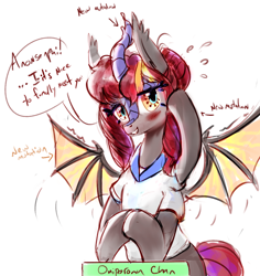 Size: 1280x1355 | Tagged: safe, artist:tiffortat, oc, oc:corona chan, oc:omiporona chan, oc:porona, bat pony, kirin, pony, bat ears, bat pony oc, bat wings, blushing, clothes, coronavirus, covid-19, cute, female, horn, mare, mutation, ponified, povid-19, shirt, smiling, smiling at you, solo, speech bubble, spread wings, wings