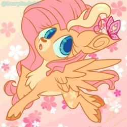 Size: 2048x2048 | Tagged: safe, artist:berrysoda10, imported from derpibooru, fluttershy, butterfly, deer, hybrid, chibi, deerified, female, flower, solo, species swap, wings