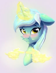 Size: 623x805 | Tagged: safe, artist:itssim, imported from derpibooru, lyra heartstrings, pony, unicorn, blushing, bust, cute, emoji, female, fingers, fingers together, g4, glowing, glowing horn, gray background, hand, horn, is for me, looking at you, lyrabetes, magic, magic hands, mare, peeposhy, pointing, portrait, simple background, smiling, that pony sure does love hands, yellow eyes