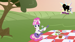 Size: 872x486 | Tagged: safe, artist:onlymeequestrian, imported from derpibooru, oc, oc only, oc:brightfull flux, pony, unicorn, 2019, apple, basket, blue eyes, cake, electric guitar, food, guitar, jam, musical instrument, picnic, picnic basket, picnic blanket, pie, solo, tree, zap apple, zap apple jam