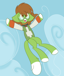 Size: 1699x1999 | Tagged: safe, artist:derpy_the_duck, imported from derpibooru, oc, oc:pidge, earth pony, clothes, falling, glasses, sky, solo, superhero, tail