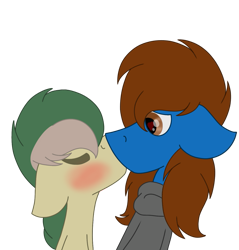 Size: 1279x1337 | Tagged: safe, artist:derpy_the_duck, imported from derpibooru, oc, oc:derp, oc:red feather, earth pony, blushing, clothes, kissing, simple background, sweater, transparent background, wingding eyes