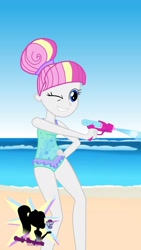 Size: 1080x1920 | Tagged: safe, artist:onlymeequestrian, imported from derpibooru, oc, oc only, oc:brightfull flux, equestria girls, beach, clothes, equestria girls-ified, female, hand on hip, one eye closed, one-piece swimsuit, solo, swimsuit, watergun