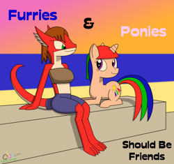 Size: 1090x1026 | Tagged: safe, artist:oddymcstrange, imported from derpibooru, oc, oc:rochelle emberose, oc:varia roundhorn, dragon, pony, unicorn, beach, clothes, dragoness, duo, duo female, female, friends, furry, furry oc, looking at each other, looking at someone, lying down, mare, non-mlp oc, ocean, op is a swan, prone, shorts, smiling, water