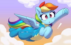 Size: 3716x2353 | Tagged: safe, artist:pabbley, imported from derpibooru, rainbow dash, pegasus, pony, belly, chubby, clothes, cute, dashabetes, emanata, exclamation point, female, flying, frog (hoof), imminent wardrobe malfunction, implied weight gain, mare, ripping clothes, solo, surprised face, sweat, sweatdrops, underhoof, uniform, wonderbolts uniform