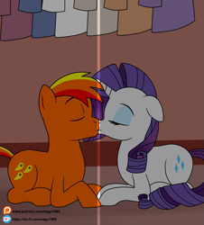 Size: 1473x1633 | Tagged: safe, artist:eagc7, imported from derpibooru, rarity, oc, oc:asteroid angus, earth pony, pony, unicorn, canon x oc, closet, clothes, duo, earth pony oc, female, kiss on the lips, kissing, ko-fi, lying down, male, mare, patreon, patreon reward, prone, shipping, stallion, straight