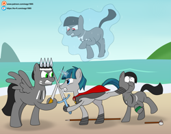 Size: 3415x2679 | Tagged: safe, artist:eagc7, imported from derpibooru, stygian, oc, earth pony, pony, unicorn, angry, beach, earth pony oc, fight, ko-fi, magic, male, ocean, patreon, patreon reward, stallion, sword, telekinesis, water, weapon