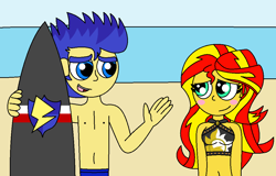 Size: 1070x684 | Tagged: safe, artist:alonso1711, imported from derpibooru, flash sentry, sunset shimmer, equestria girls, beach, belly button, bikini, blushing, clothes, female, flashimmer, male, male nipples, nipples, nudity, shipping, straight, sunset shimmer's beach shorts swimsuit, surfboard, swimming trunks, swimsuit