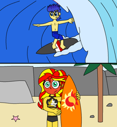 Size: 1064x1158 | Tagged: safe, artist:alonso1711, imported from derpibooru, flash sentry, sunset shimmer, starfish, equestria girls, belly button, bikini, blushing, clothes, female, flashimmer, male, male nipples, nipples, nudity, shipping, straight, sunset shimmer's beach shorts swimsuit, surfboard, surfing, swimming trunks, swimsuit