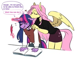 Size: 1126x868 | Tagged: safe, artist:redxbacon, imported from derpibooru, fluttershy, twilight sparkle, anthro, pegasus, unicorn, book, clothes, duo, duo female, eyes closed, female, heart, kiss on the head, lesbian, magic, magic aura, shipping, shirt, simple background, skirt, spread wings, sweat, tallershy, twishy, vest, white background, wings