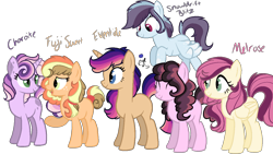 Size: 1280x720 | Tagged: safe, artist:magicalforestbackwar, imported from derpibooru, oc, oc only, oc:boysenberry shortcake, oc:chaorite, oc:eventide, oc:fuji sweet, oc:melrose, oc:snowdrift blitz, dracony, dragon, earth pony, hybrid, pegasus, pony, unicorn, female, interspecies offspring, mare, next generation, offspring, parent:applejack, parent:big macintosh, parent:caramel, parent:cheese sandwich, parent:flash sentry, parent:fluttershy, parent:pinkie pie, parent:rainbow dash, parent:rarity, parent:soarin', parent:spike, parent:twilight sparkle, parents:carajack, parents:cheesepie, parents:flashlight, parents:fluttermac, parents:soarindash, parents:sparity, simple background, transparent background