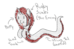 Size: 600x400 | Tagged: safe, artist:mightyshockwave, imported from derpibooru, oc, oc only, oc:ruby scales, lamia, original species, crayon, crayon drawing, cute, drawing, simple background, text, traditional art, white background