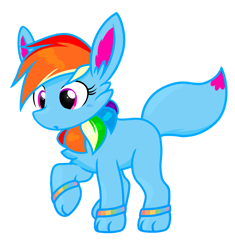 Size: 991x1056 | Tagged: safe, artist:rainbow eevee, imported from derpibooru, oc, oc:rainbow eevee, eevee, blue body, bracelet, chest fluff, cute, daaaaaaaaaaaw, eevee pony, female, jewelry, looking down, magenta eyes, multicolored hair, pink eyes, pokémon, rainbow, rainbow hair, simple background, solo, transparent background, vector