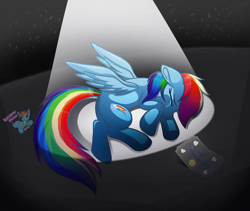 Size: 2470x2080 | Tagged: safe, artist:rainbow eevee, imported from derpibooru, rainbow dash, pegasus, pony, card, crying, digital art, eyelashes, eyes closed, floppy ears, hurting, light, lying down, multicolored hair, rainbow hair, sad, shadow, solo, spread wings, underhoof, upset, vent art, wings