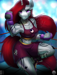 Size: 2249x2954 | Tagged: safe, artist:maàra djayt, imported from derpibooru, oc, oc only, oc:selune darkeye, anthro, plantigrade anthro, unicorn, abs, body markings, boxing, boxing gloves, boxing ring, boxing shorts, commission, female, flowing hair, flowing mane, flowing tail, horn, lights, looking at you, markings, mealy mouth (coat marking), moon, muscles, muscular female, redhead, smiling, smiling at you, solo, sports, sweat, tail, unicorn oc