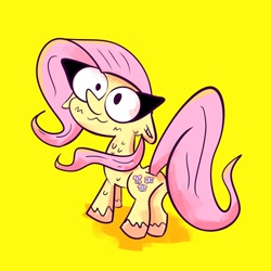 Size: 680x680 | Tagged: safe, artist:eveeyuwu, imported from derpibooru, fluttershy, pegasus, pony, butt, female, mare, plot, simple background, solo, yellow background